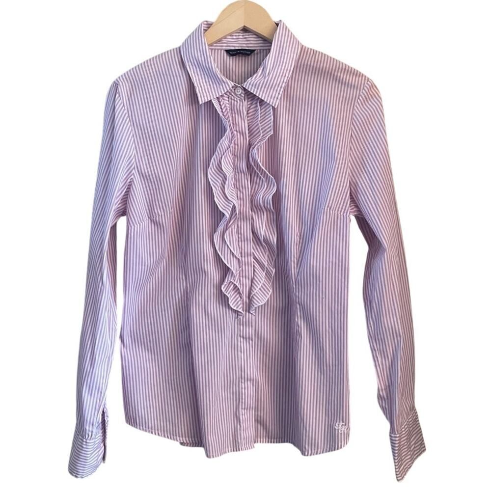 Tommy Hilfiger Pinstripe Button Shirt with Ruffle Front Womens Size‎ M